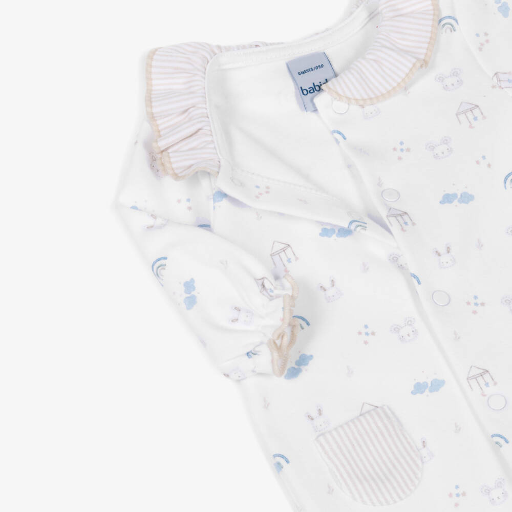 Babidu-Boys White Cotton Babygrow with Bunny & Cloud Print  | Childrensalon