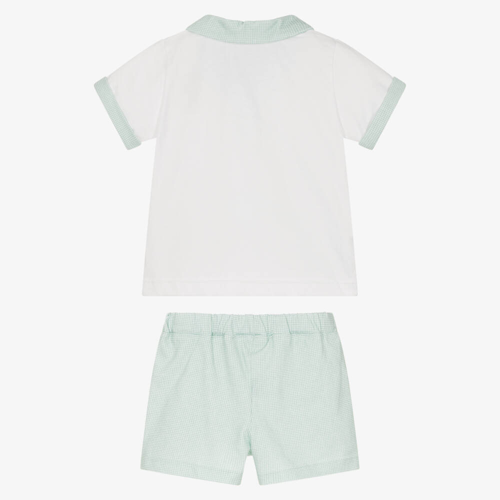Babidu-Boys White & Green Gingham Check Cotton Shorts Set | Childrensalon