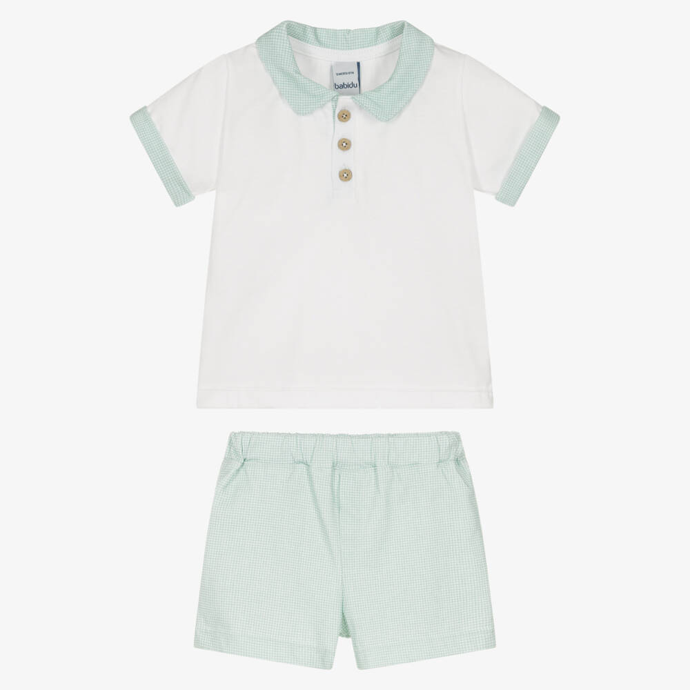 Babidu-Boys White & Green Gingham Check Cotton Shorts Set | Childrensalon