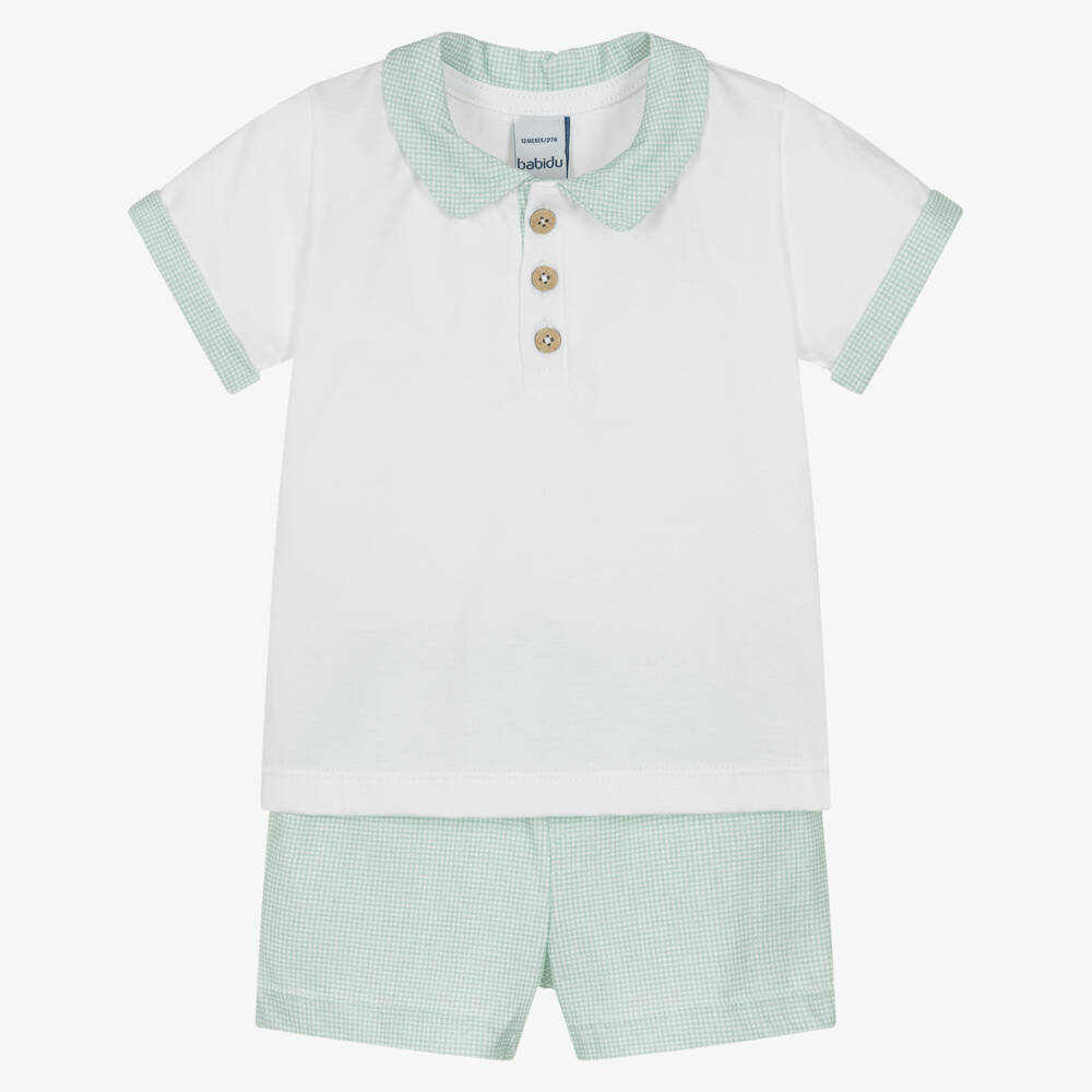 Babidu-Boys White & Green Gingham Check Cotton Shorts Set | Childrensalon
