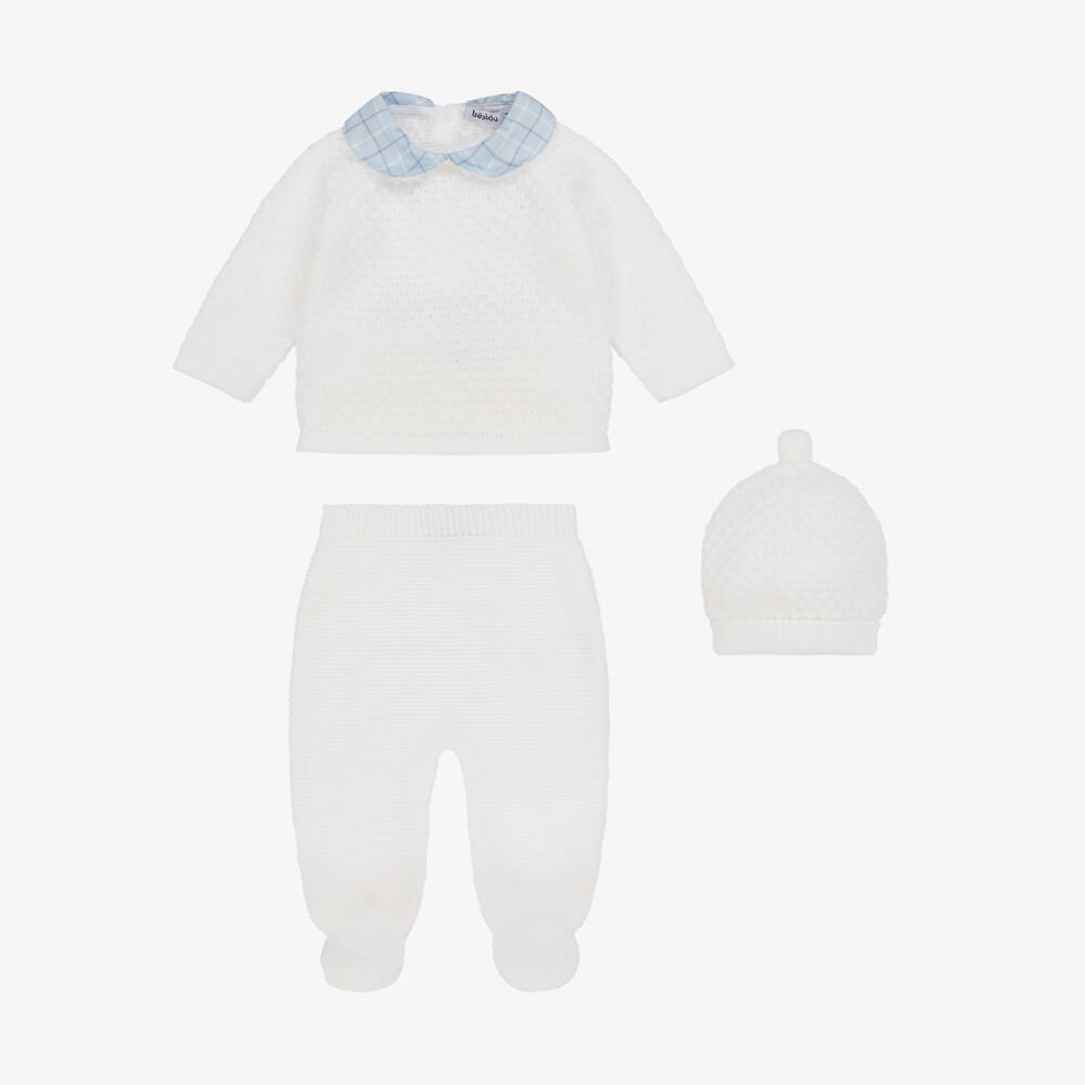 Babidu-Boys White Knitted Babysuit Set | Childrensalon