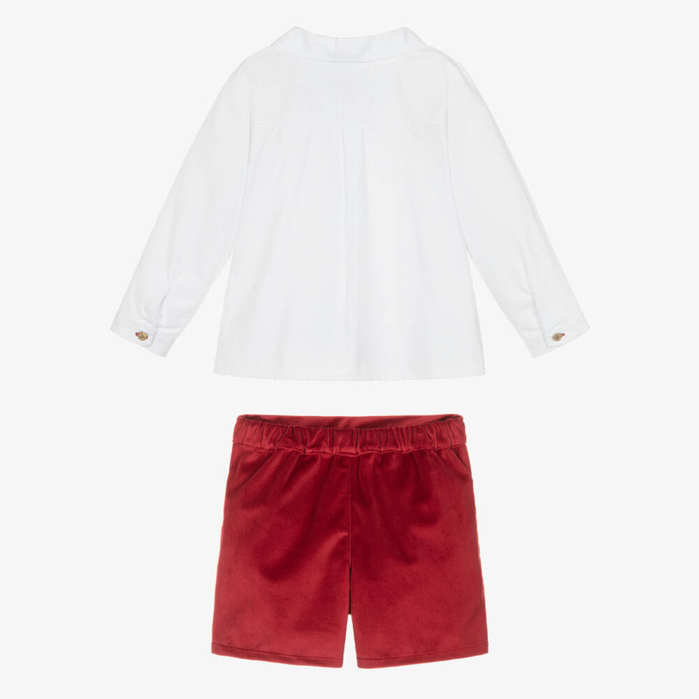 Babidu-Boys White Shirt & Red Velvet Shorts Set | Childrensalon