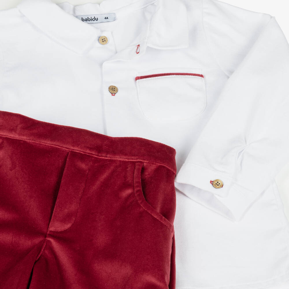 Babidu-Boys White Shirt & Red Velvet Shorts Set | Childrensalon