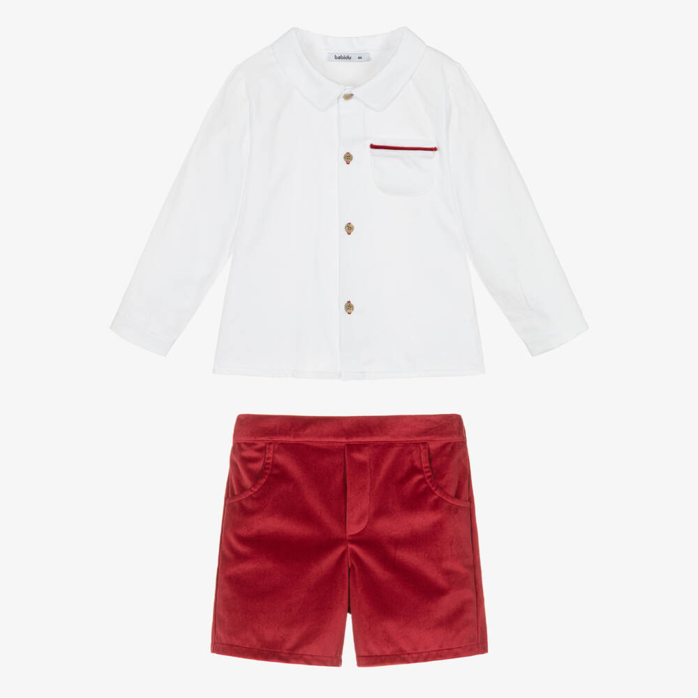 Babidu-Boys White Shirt & Red Velvet Shorts Set | Childrensalon