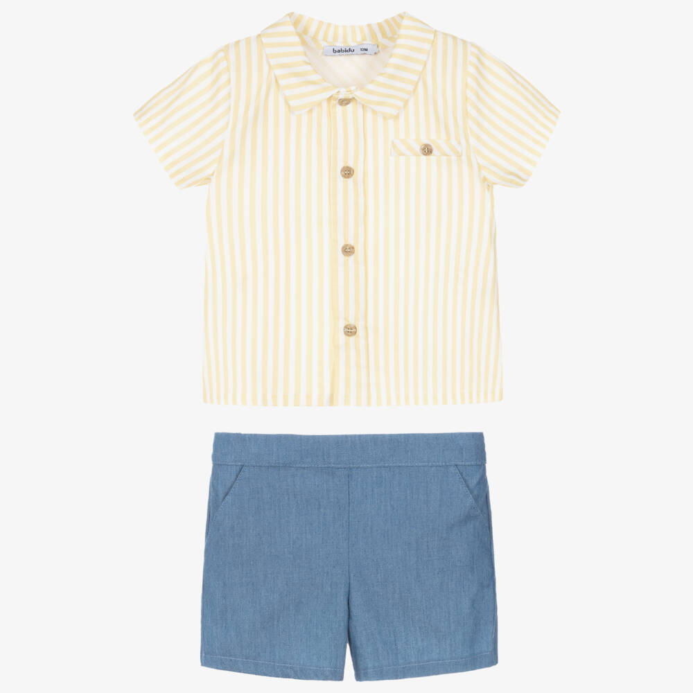 Babidu-Boys Yellow Striped & Blue Chambray Shorts Set | Childrensalon