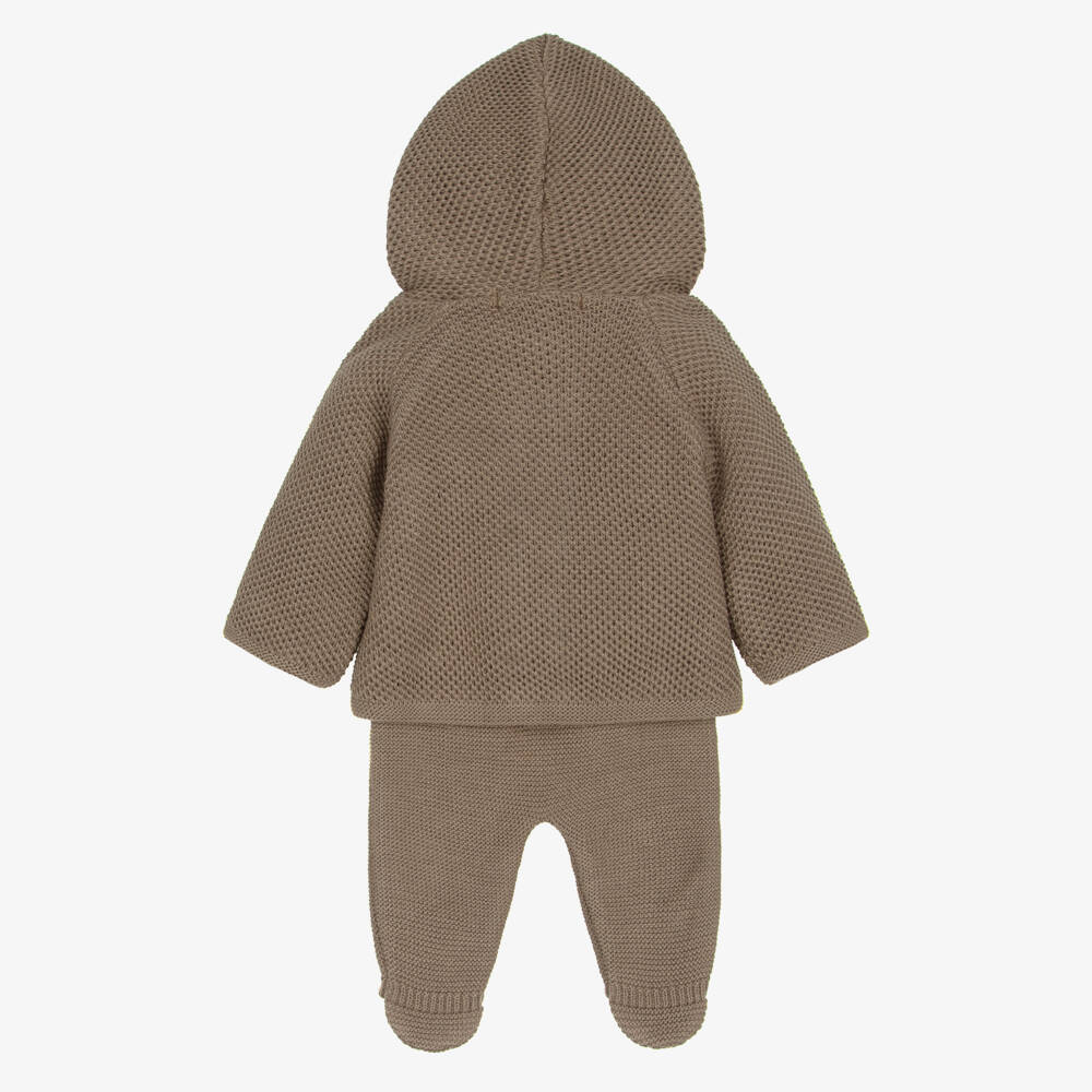 Babidu-Brown Knitted Pram Coat & Bottoms Set | Childrensalon