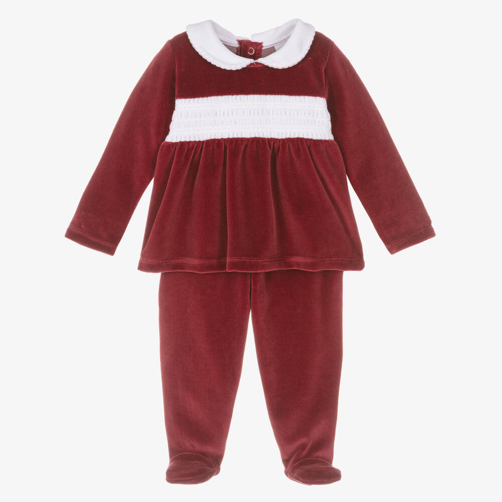 Babidu-Burgundy Red Velour 2 Piece Babygrow with Smocking | Childrensalon