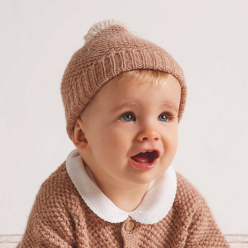 Babidu-Chocolate Brown Knitted Baby Hat with Pom-Pom | Childrensalon