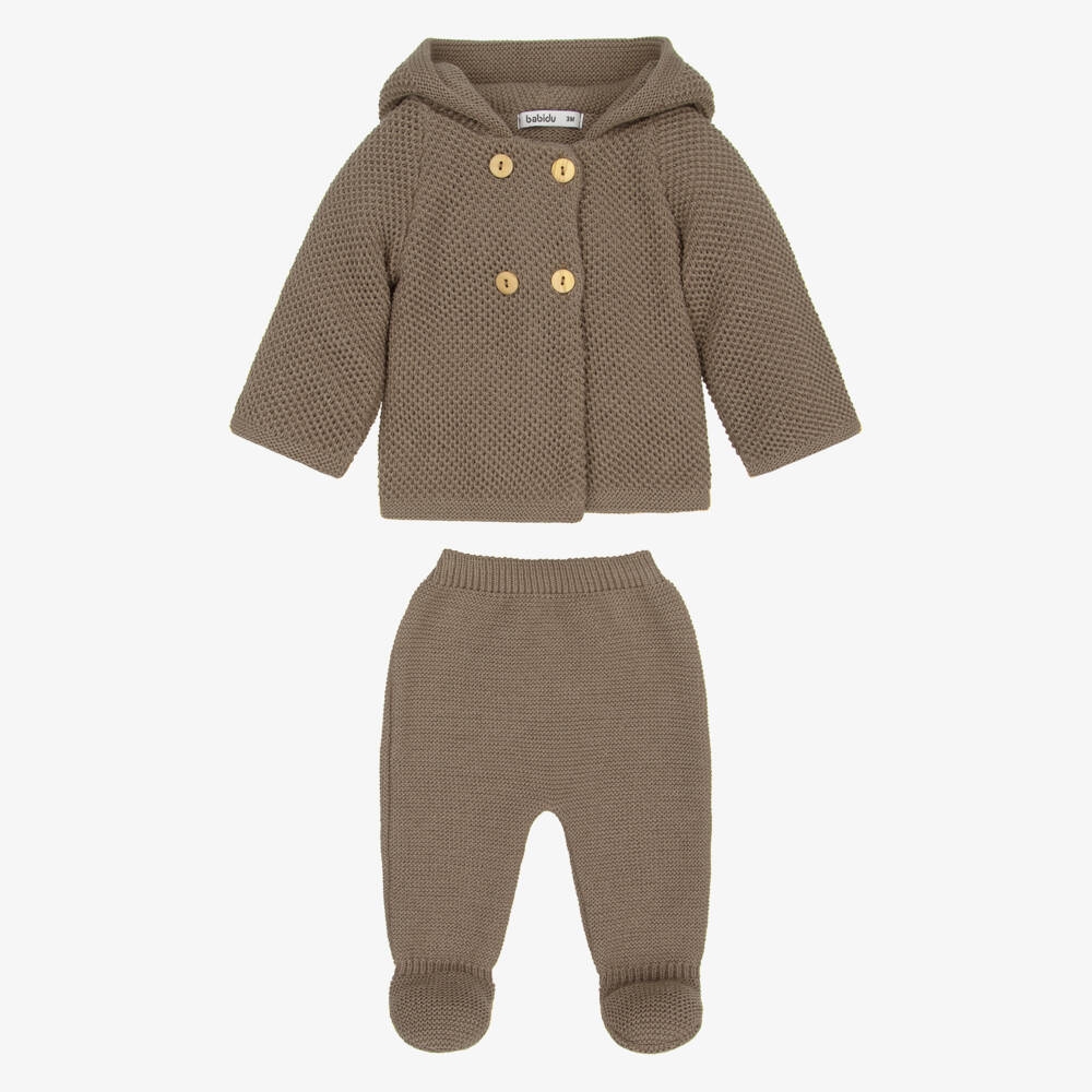 Babidu-Chocolate Brown Knitted Pram Coat & Bottoms Set | Childrensalon