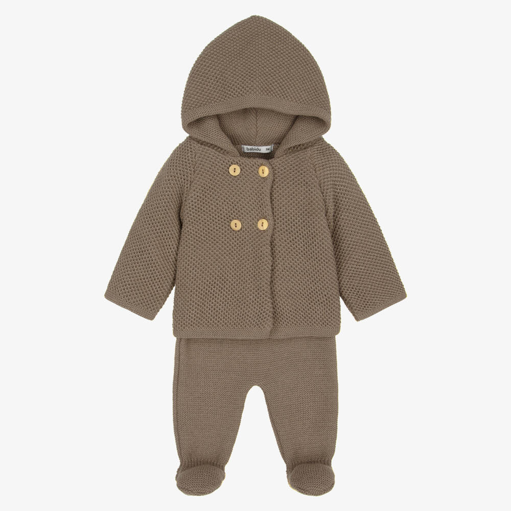 Babidu-Chocolate Brown Knitted Pram Coat & Bottoms Set | Childrensalon