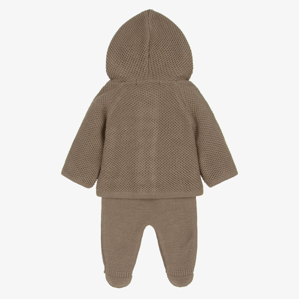 Babidu-Chocolate Brown Knitted Pram Coat & Bottoms Set | Childrensalon