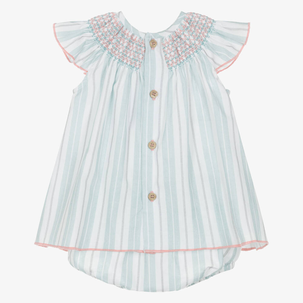 Babidu-Girls Aqua Blue Stripe Cotton Smocked Dress | Childrensalon