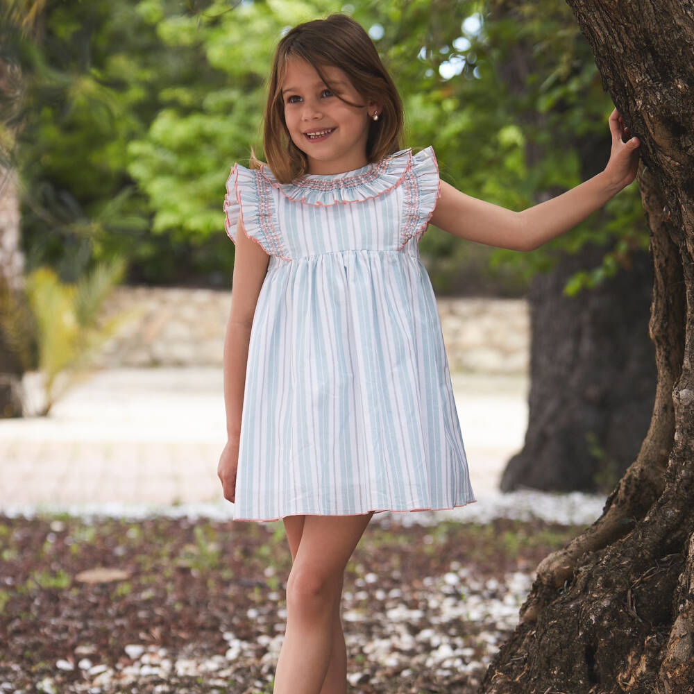 Babidu-Girls Aqua Blue Striped Cotton Dress with Smocked Ruffles | Childrensalon