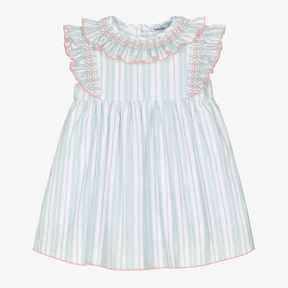 Babidu-Girls Aqua Blue Striped Cotton Dress with Smocked Ruffles | Childrensalon