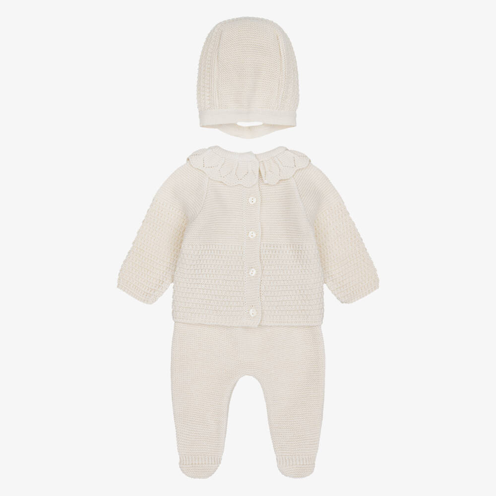 Babidu-Girls Beige Babysuit Set with Knitted Bonnet | Childrensalon