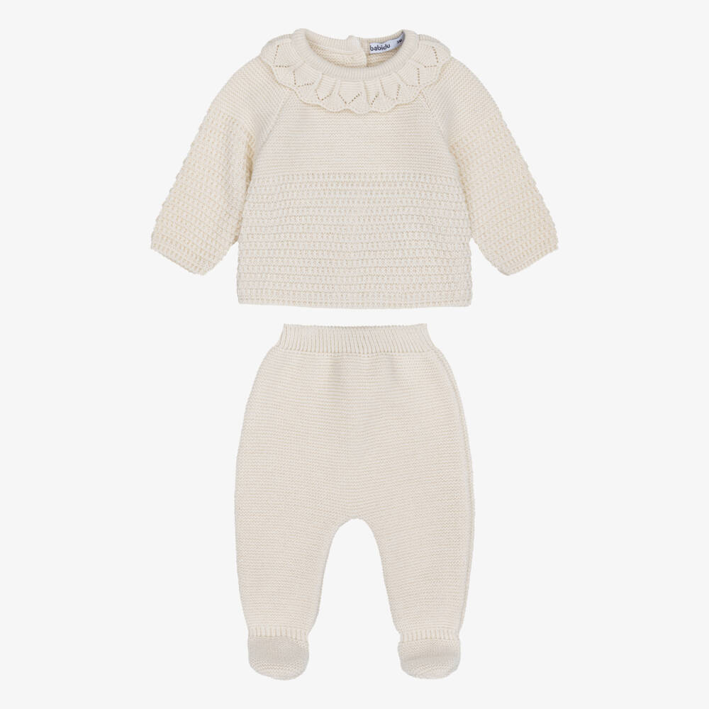 Babidu-Girls Beige Babysuit Set with Knitted Bonnet | Childrensalon