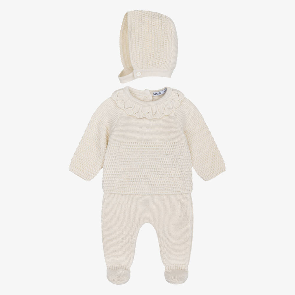 Babidu-Girls Beige Babysuit Set with Knitted Bonnet | Childrensalon