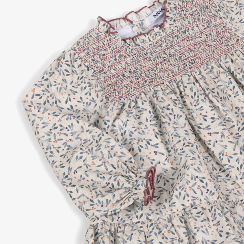 Babidu-فستان بطبعة أوراق قطن لون أزرق وبيج للبنات  | Childrensalon