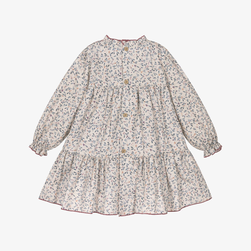 Babidu-فستان بطبعة أوراق قطن لون أزرق وبيج للبنات  | Childrensalon