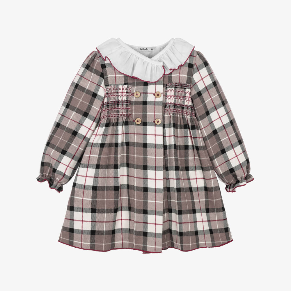 Babidu-Girls Beige Cotton Check Dress with Ruffle Collar | Childrensalon