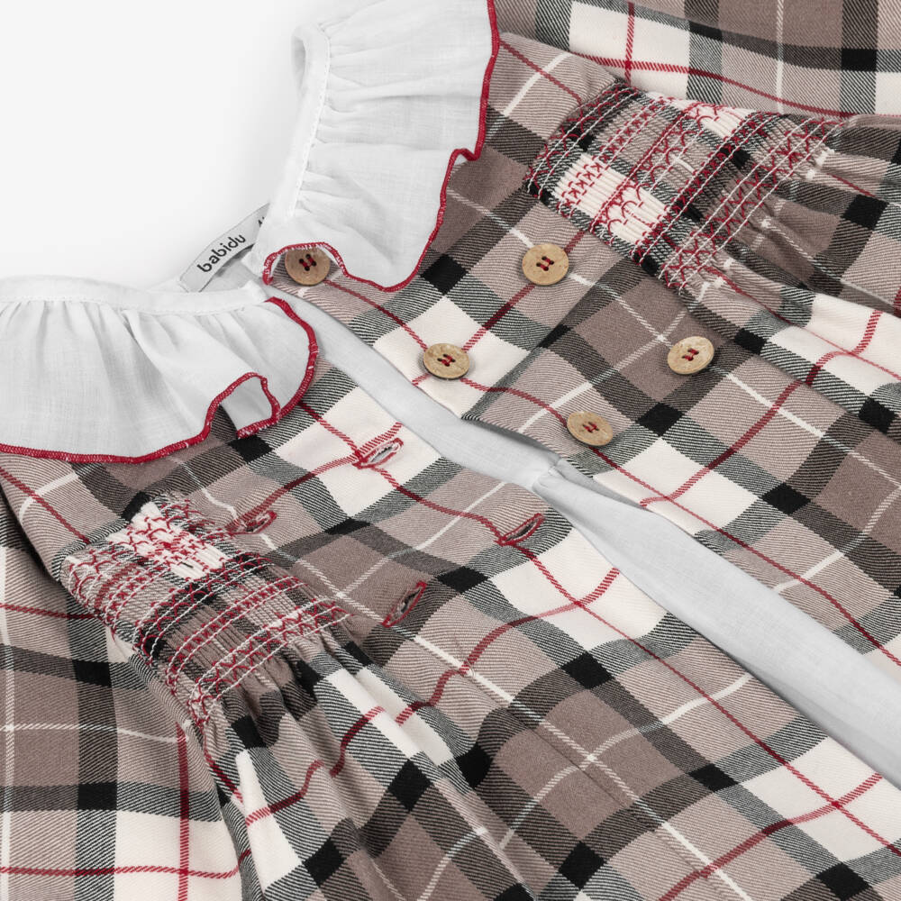Babidu-Girls Beige Cotton Check Dress with Ruffle Collar | Childrensalon