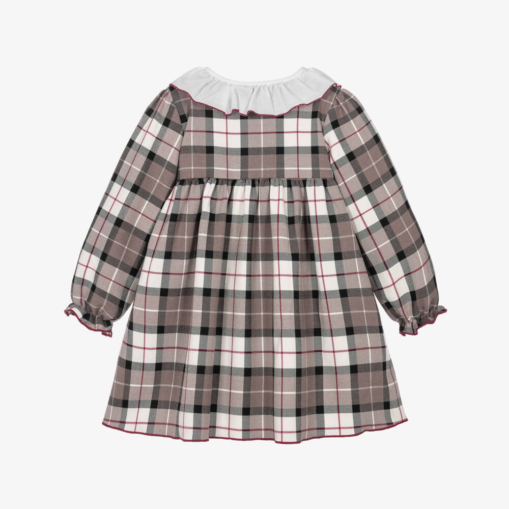 Babidu-Girls Beige Cotton Check Dress with Ruffle Collar | Childrensalon
