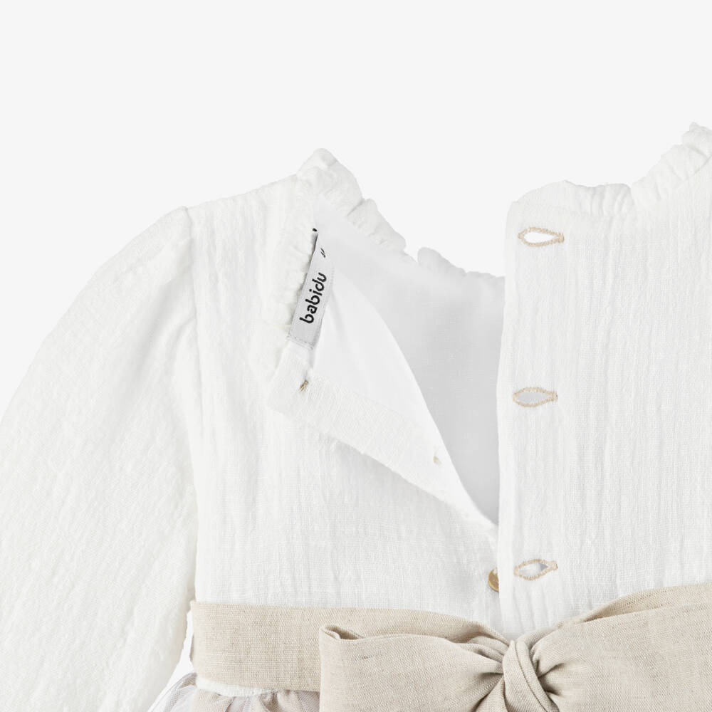 Babidu-Girls Beige Cotton & Tulle Dress | Childrensalon