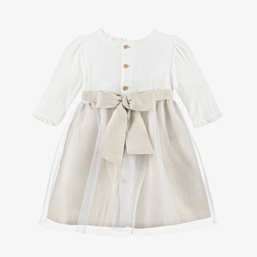 Babidu-Girls Beige Cotton & Tulle Dress | Childrensalon