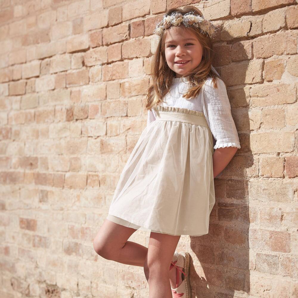 Babidu-Girls Beige Cotton & Tulle Dress | Childrensalon
