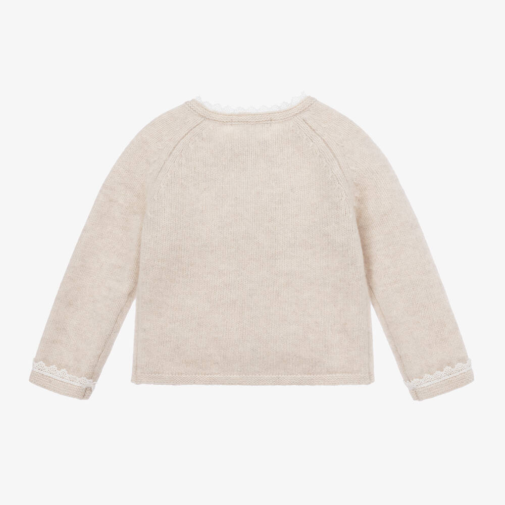Babidu-Girls Beige Knit & Lace Cardigan | Childrensalon