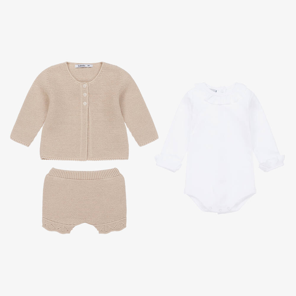 Babidu-Girls Beige Knitted Shorts Set | Childrensalon