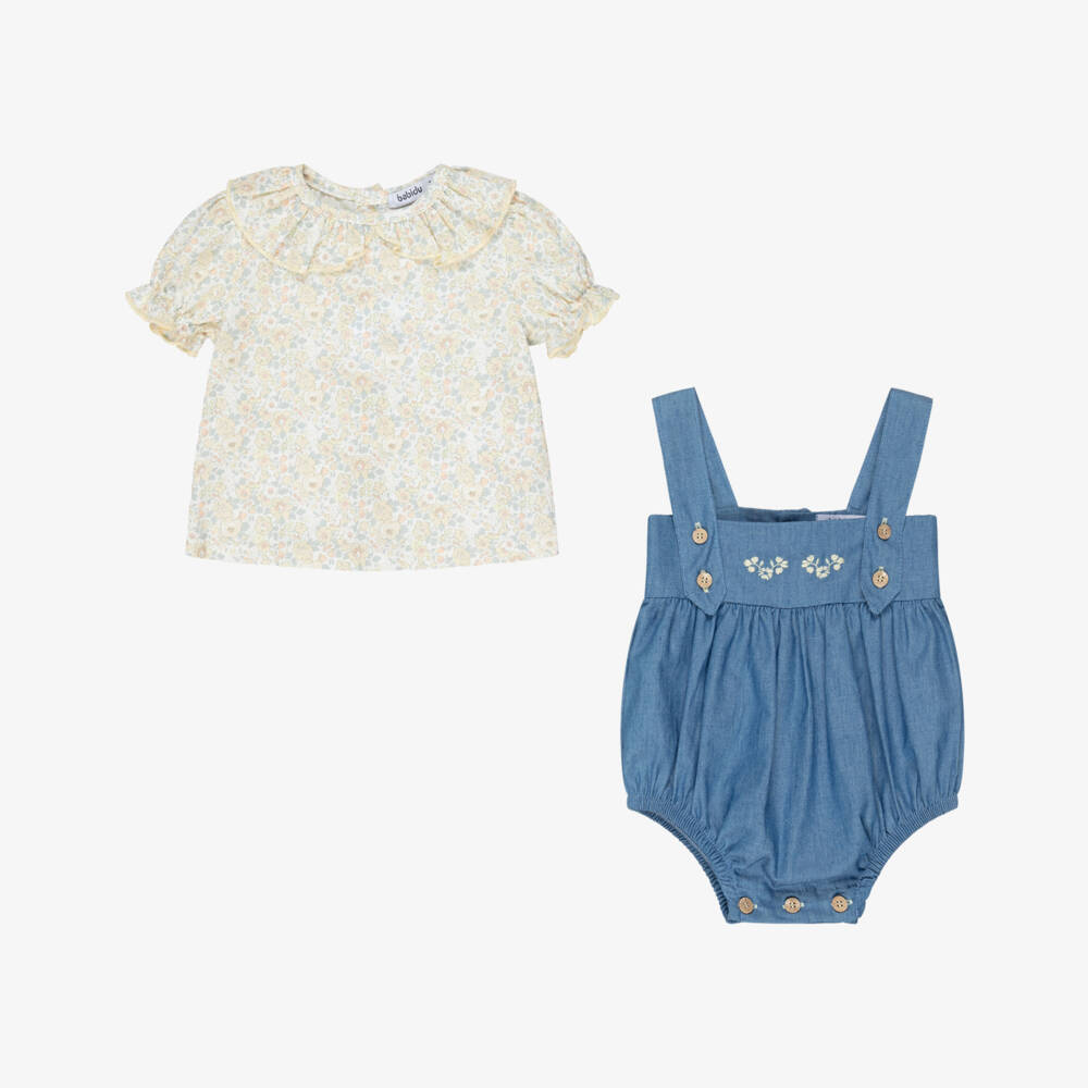Babidu-Girls Blue Chambray Dungaree Set with Yellow Floral Print Top | Childrensalon