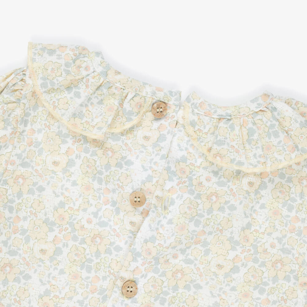 Babidu-Girls Blue Chambray Dungaree Set with Yellow Floral Print Top | Childrensalon