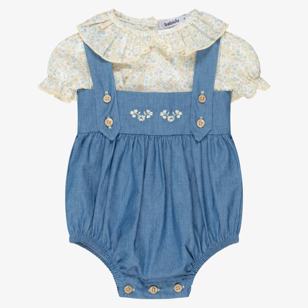 Babidu-Girls Blue Chambray Dungaree Set with Yellow Floral Print Top | Childrensalon