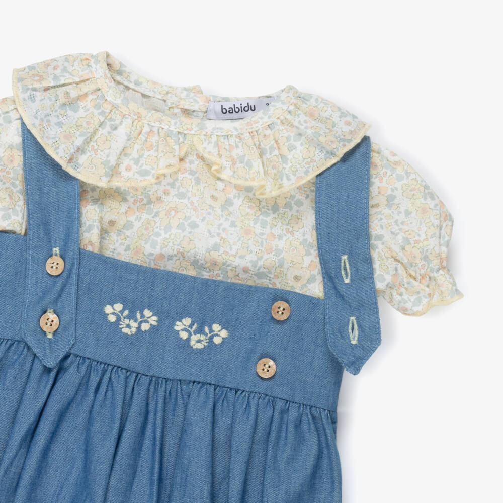 Babidu-Girls Blue Chambray Dungaree Set with Yellow Floral Print Top | Childrensalon