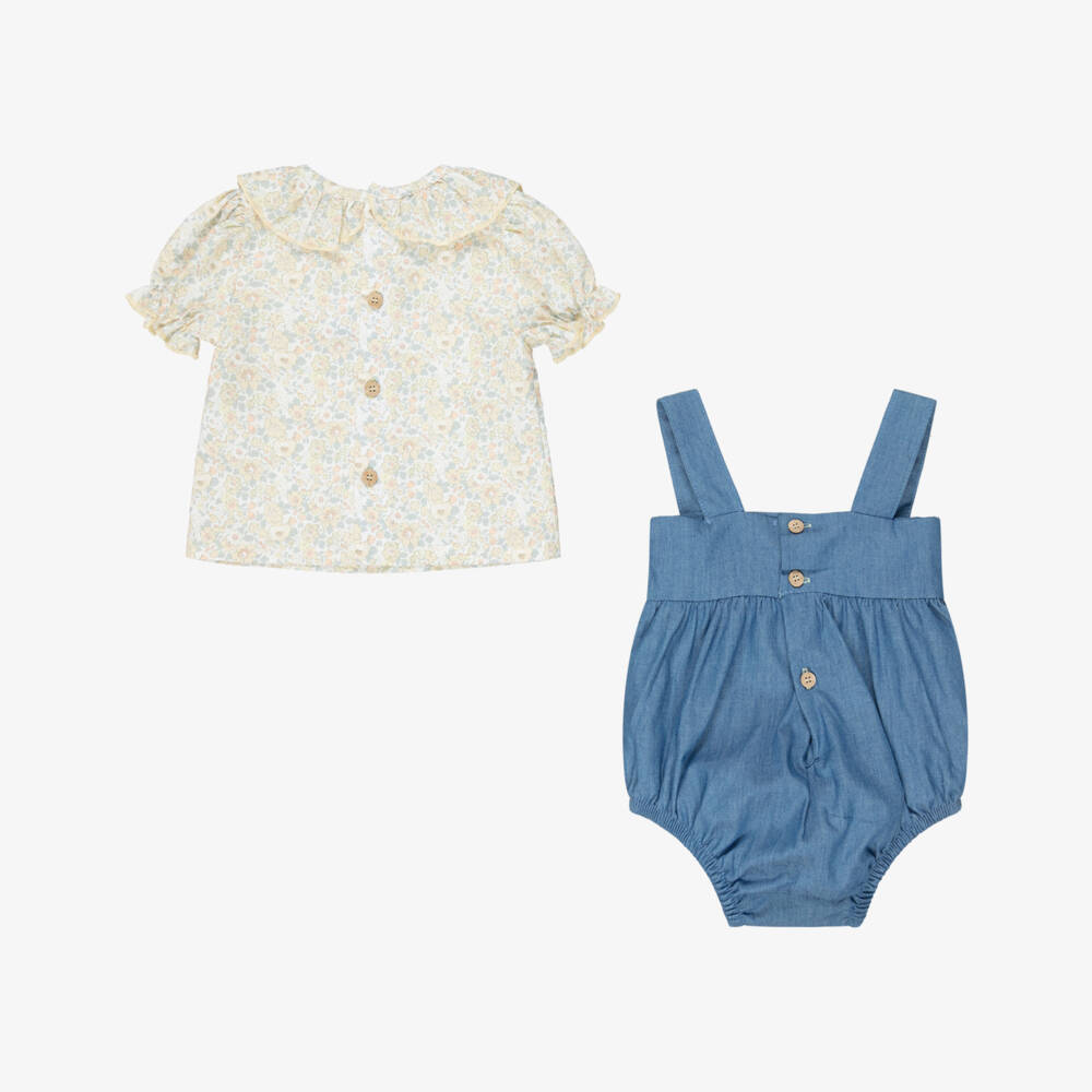 Babidu-Girls Blue Chambray Dungaree Set with Yellow Floral Print Top | Childrensalon