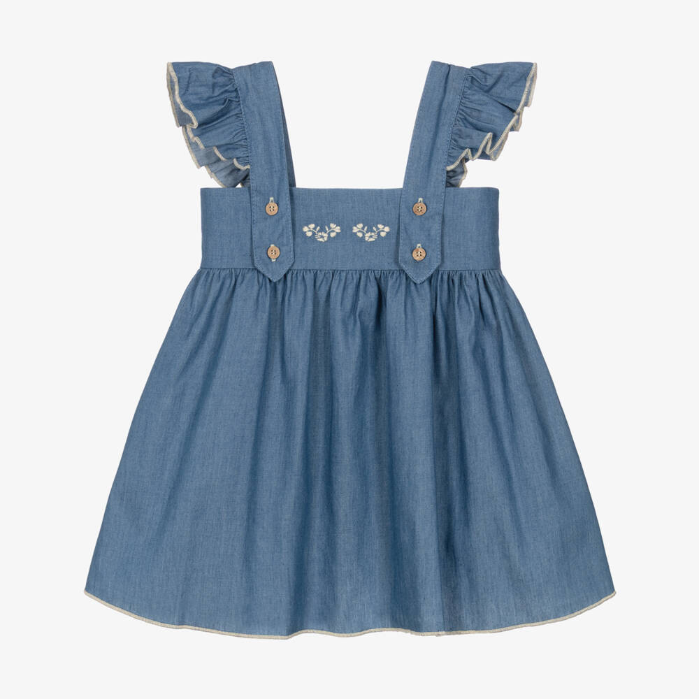 Babidu-Girls Blue Cotton Chambray Dress with Floral Embroidery  | Childrensalon