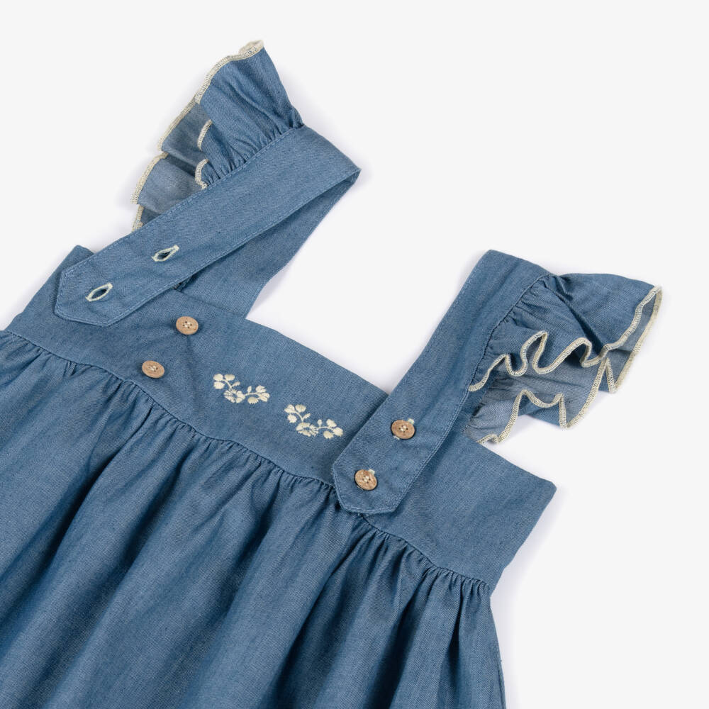Babidu-Girls Blue Cotton Chambray Dress with Floral Embroidery  | Childrensalon