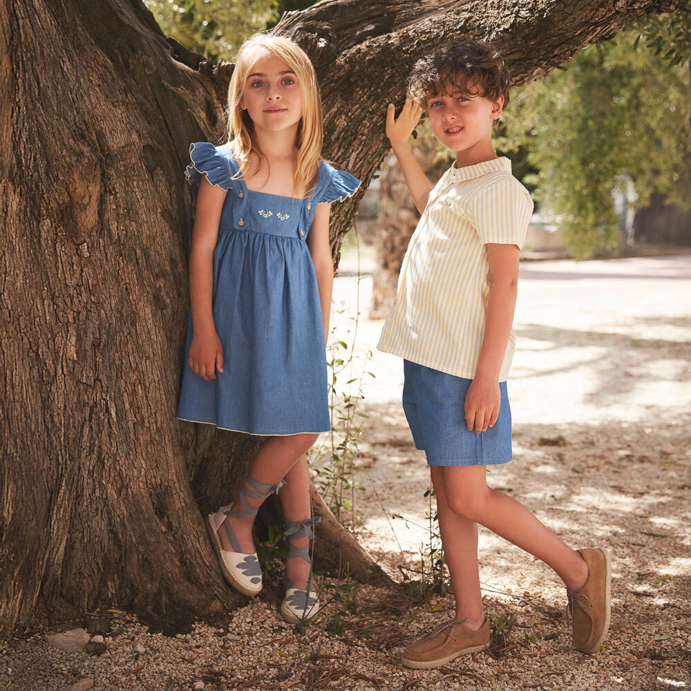 Babidu-Girls Blue Cotton Chambray Dress with Floral Embroidery | Childrensalon