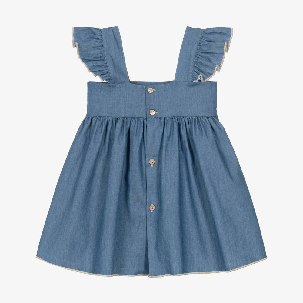 Babidu-Girls Blue Cotton Chambray Dress with Floral Embroidery  | Childrensalon
