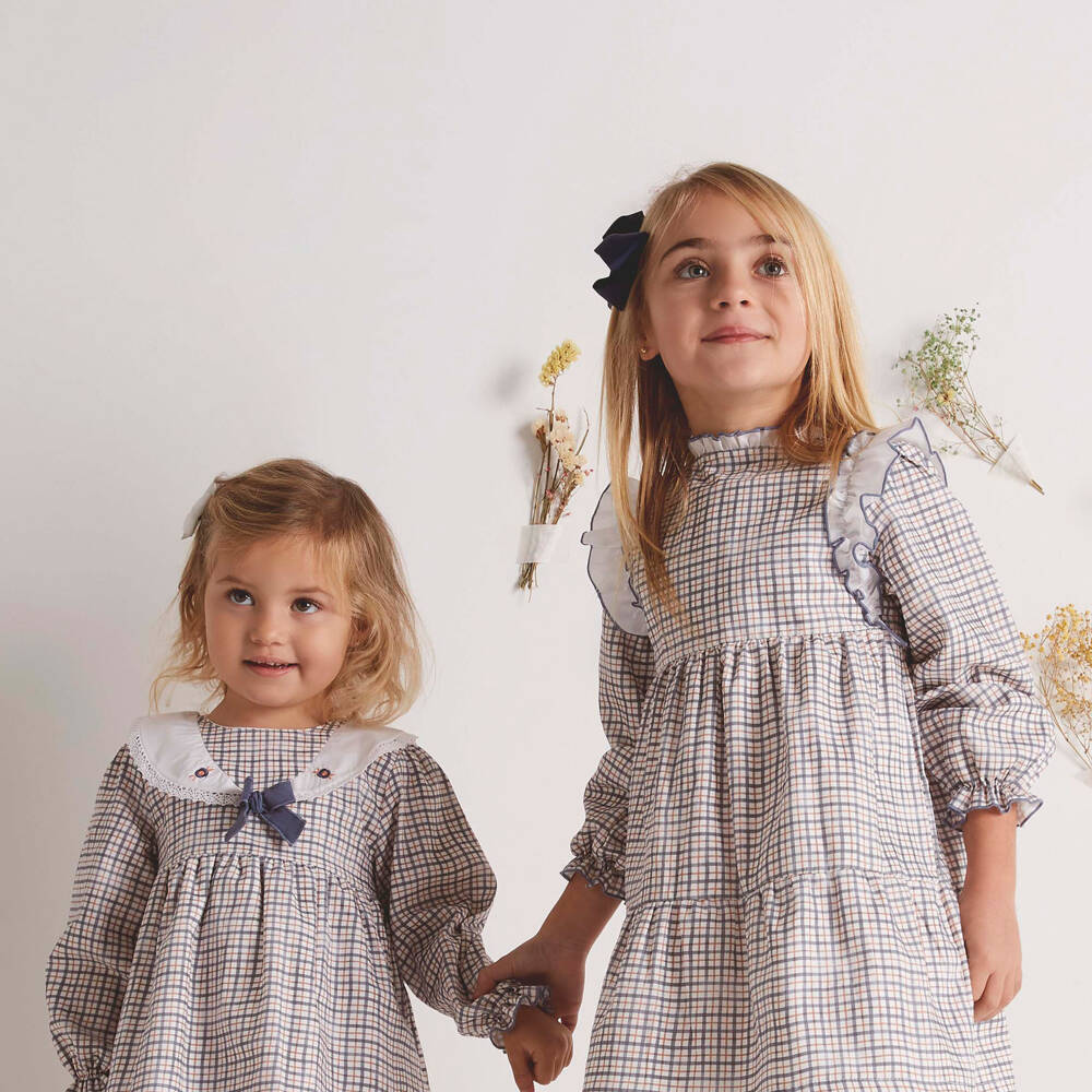 Babidu-فستان قطن كاروهات لون أبيض وأزرق | Childrensalon