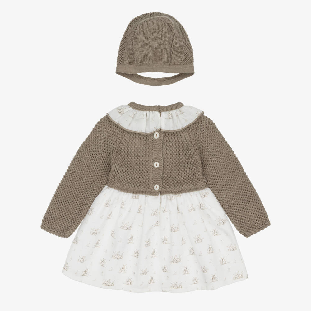 Babidu-Girls Brown Knit & Ivory Bunny Print Dress Set | Childrensalon