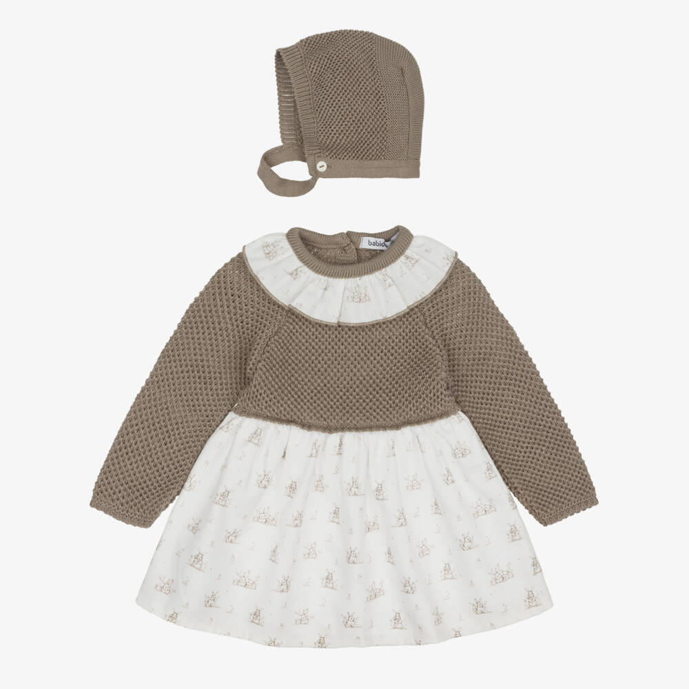 Babidu-Girls Brown Knit & Ivory Bunny Print Dress Set | Childrensalon