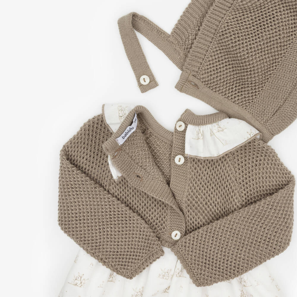 Babidu-Girls Brown Knit & Ivory Bunny Print Dress Set | Childrensalon