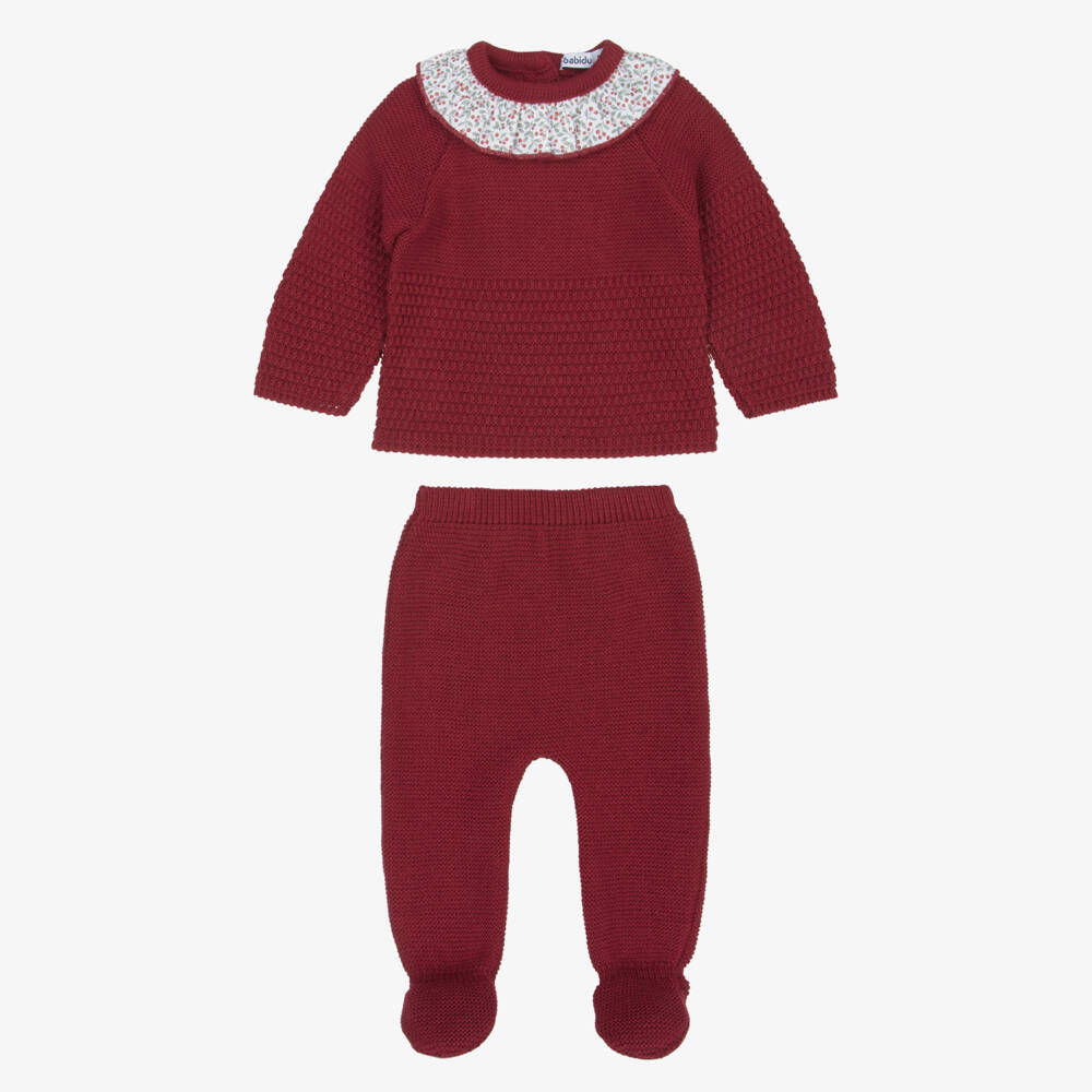 Babidu-Girls Burgundy Knitted 2 Piece Babygrow Set | Childrensalon