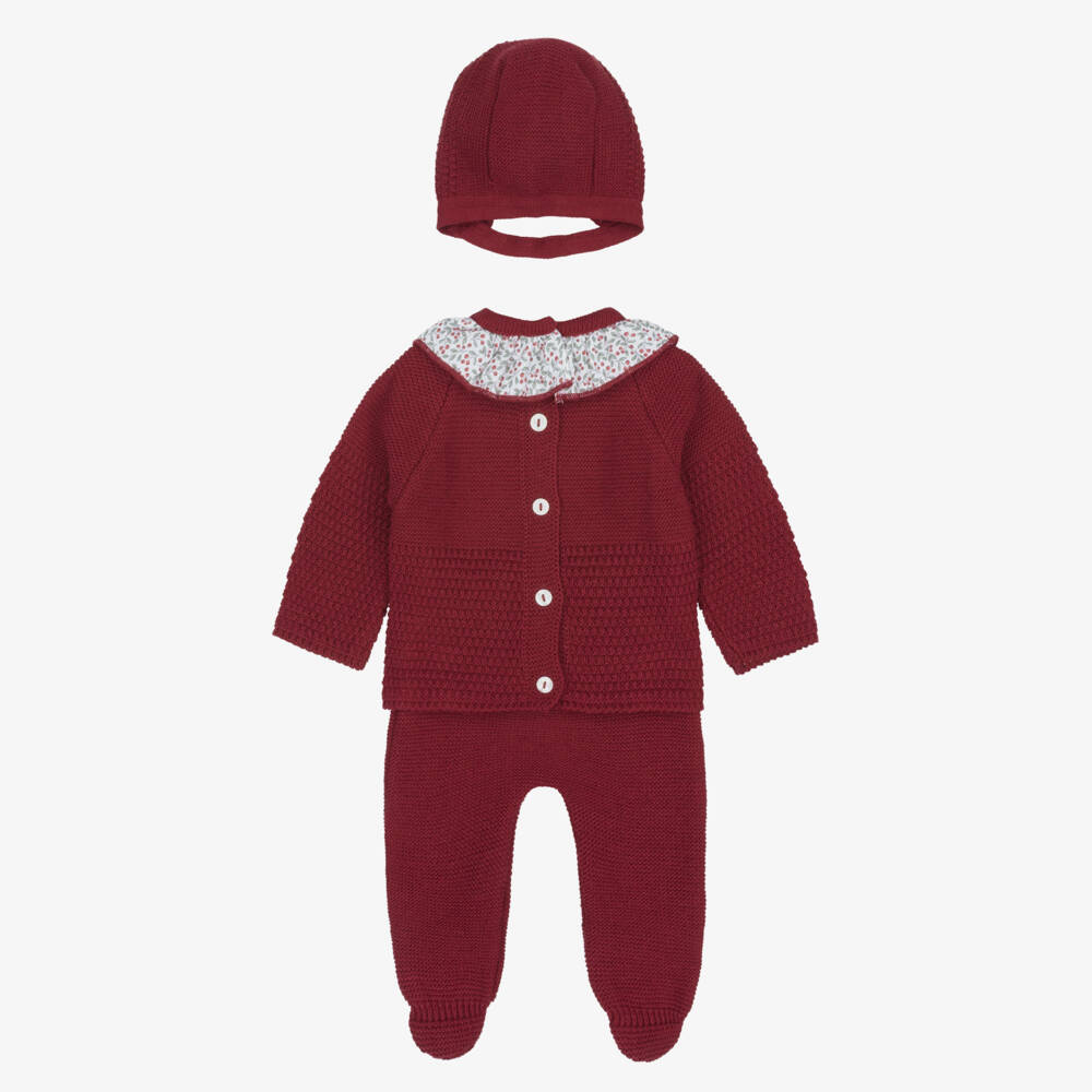Babidu-Girls Burgundy Knitted 2 Piece Babygrow Set | Childrensalon