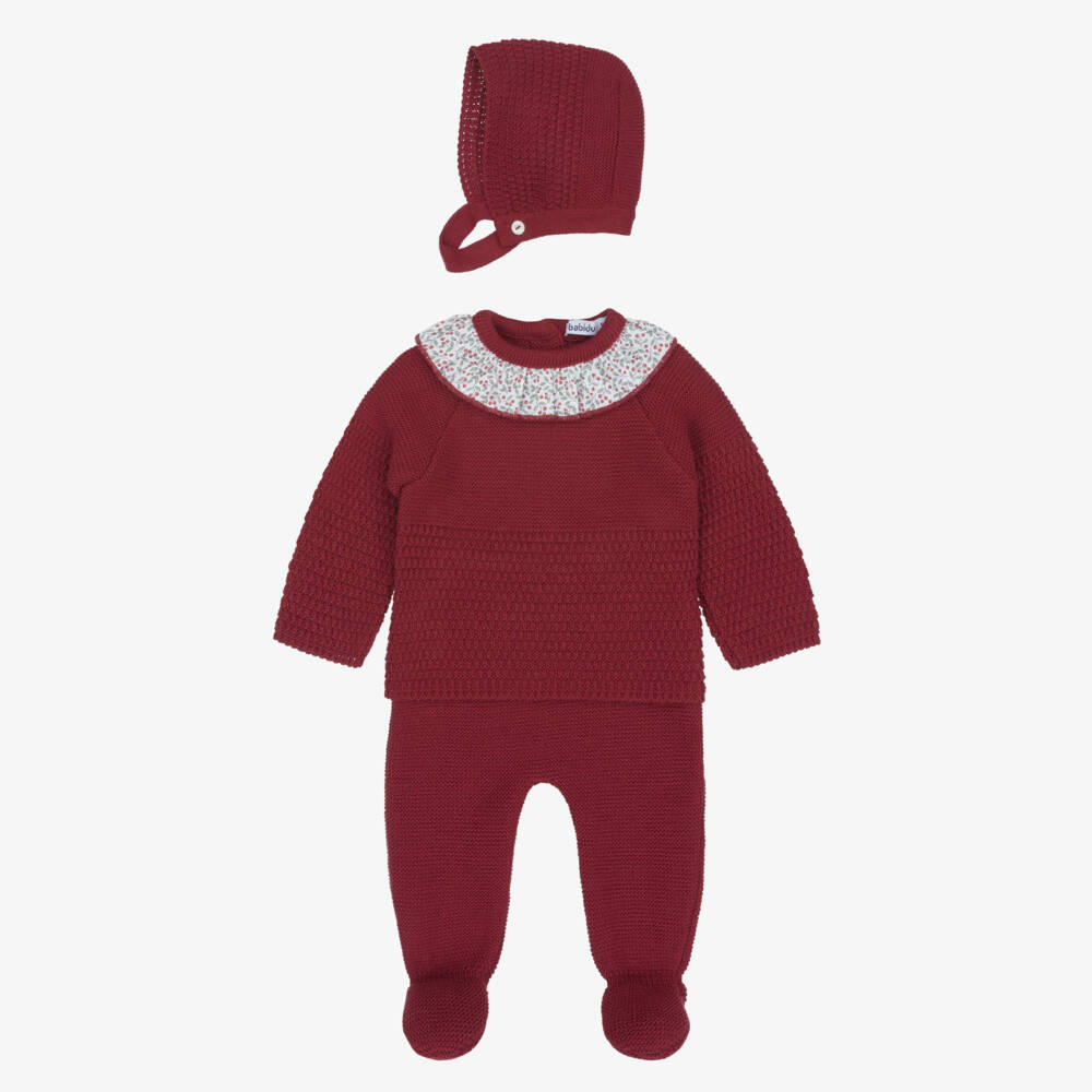 Babidu-Girls Burgundy Knitted 2 Piece Babygrow Set | Childrensalon