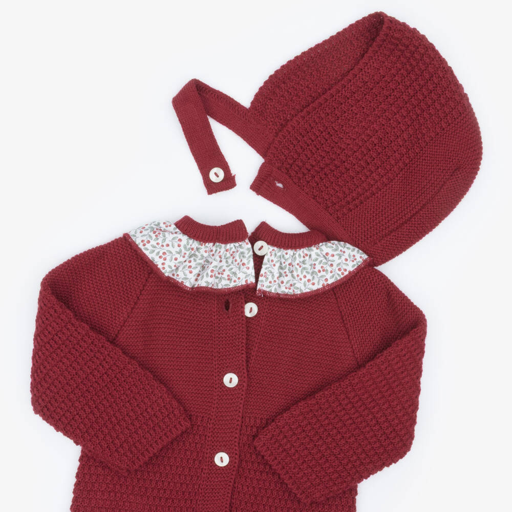 Babidu-Girls Burgundy Knitted 2 Piece Babygrow Set | Childrensalon
