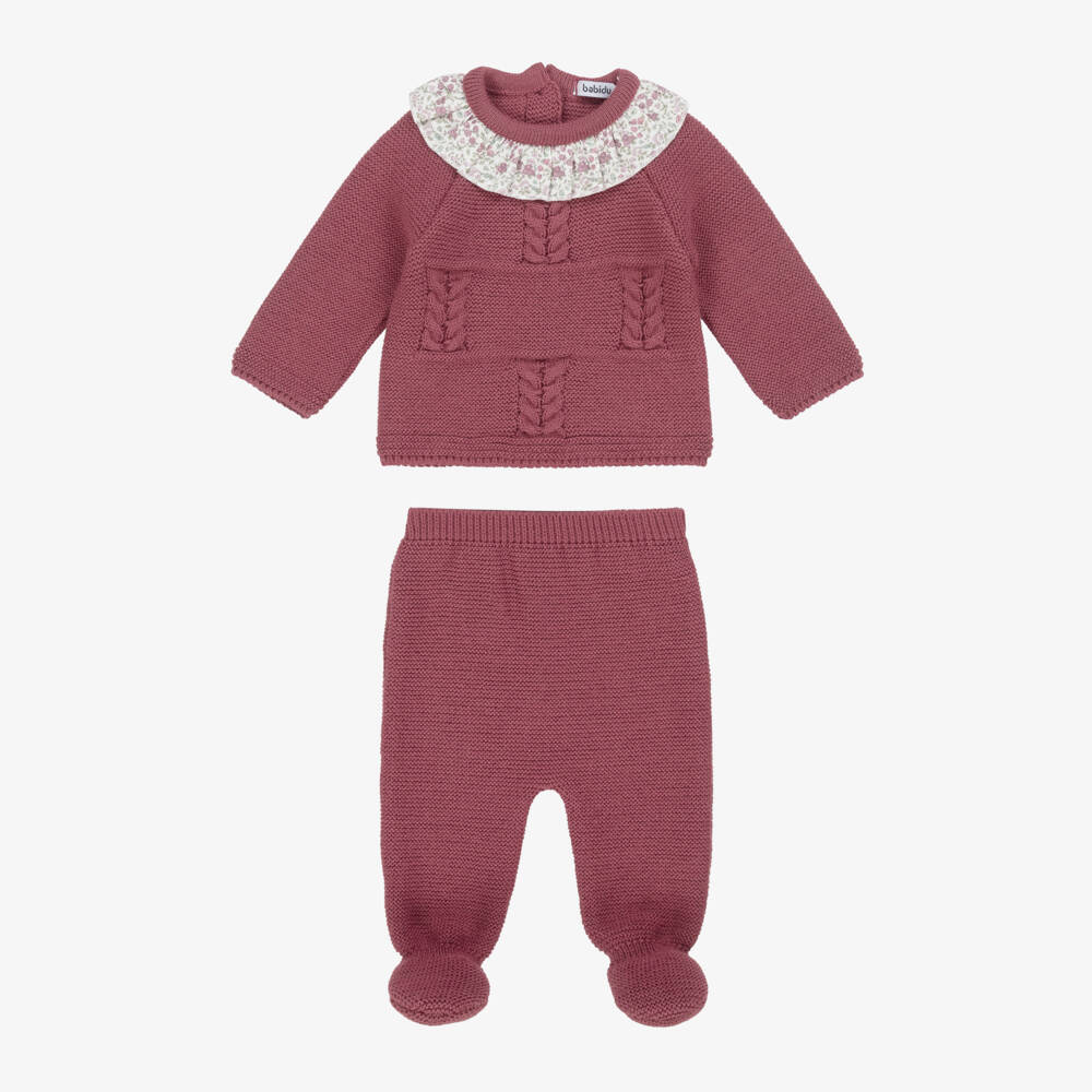 Babidu-Girls Burgundy Red Knit Babysuit Set with Ruffle Collar | Childrensalon