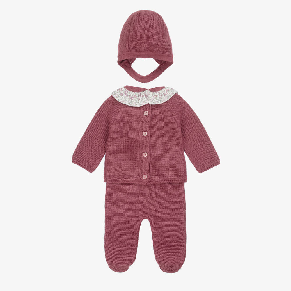 Babidu-Girls Burgundy Red Knit Babysuit Set with Ruffle Collar | Childrensalon